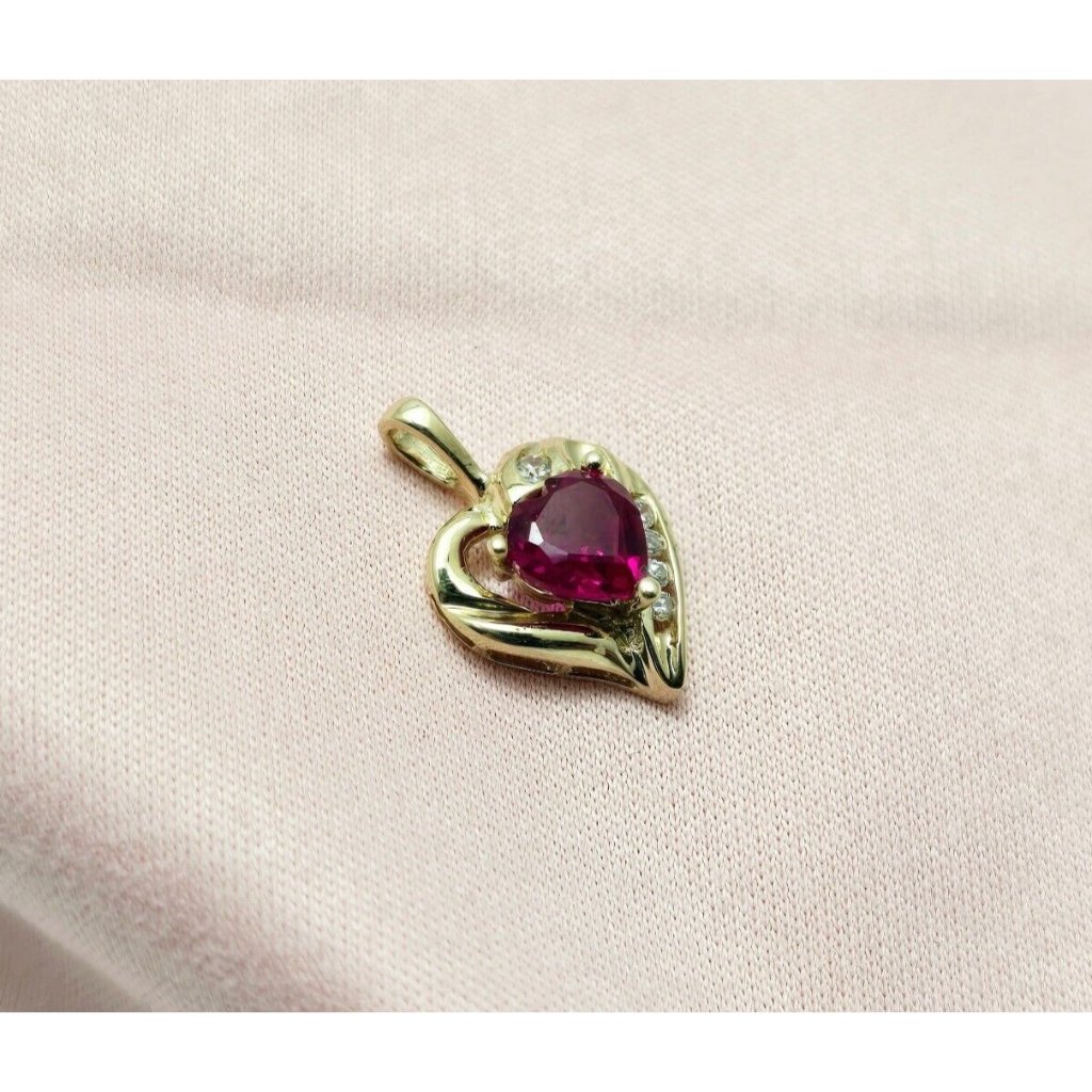 Unique 10k Solid Yellow Gold Designer Cz  Synthetic Ruby Heart Charm Pendant